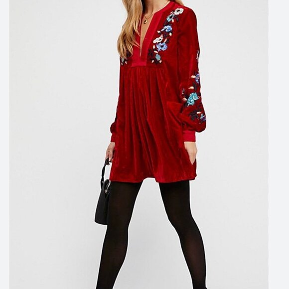 Free People Red Velvet Embroidered Tunic Mini Dress - M - Picture 2 of 5